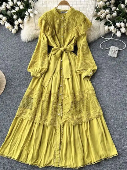 LGRQ For Women's Lace-up Single Breasted Lace Dress Fashion Hollow Out Bead Button Round Neck Dresses 2025 Autumn New Clothing