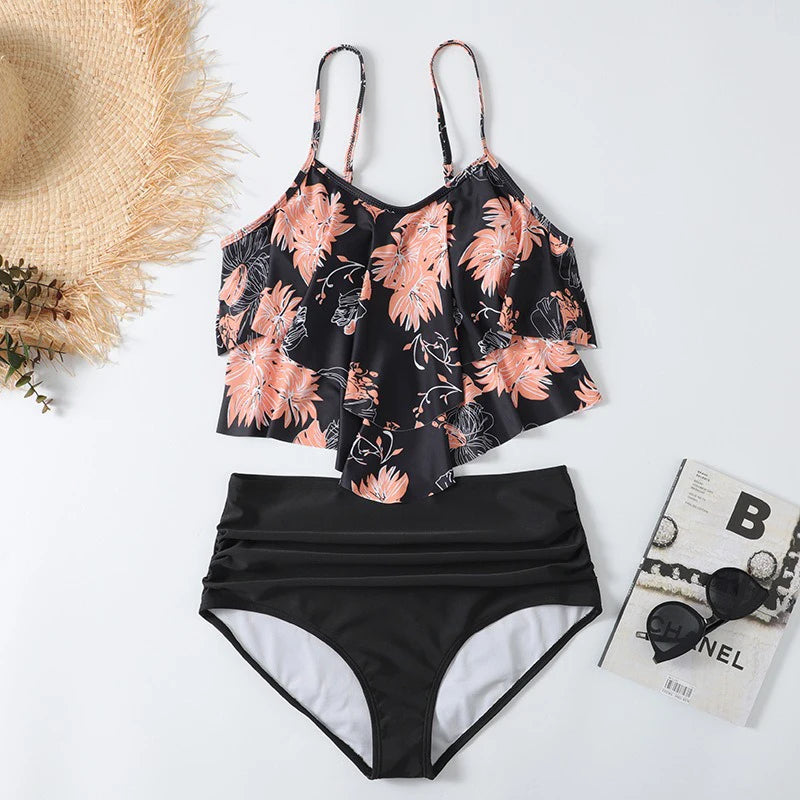 Bathing Suit Women Print 2 Piece Chic Layered Ruffles Suspender High Waist Bikini Summer 2025 New Casual Lady Beachwear Swimsuit