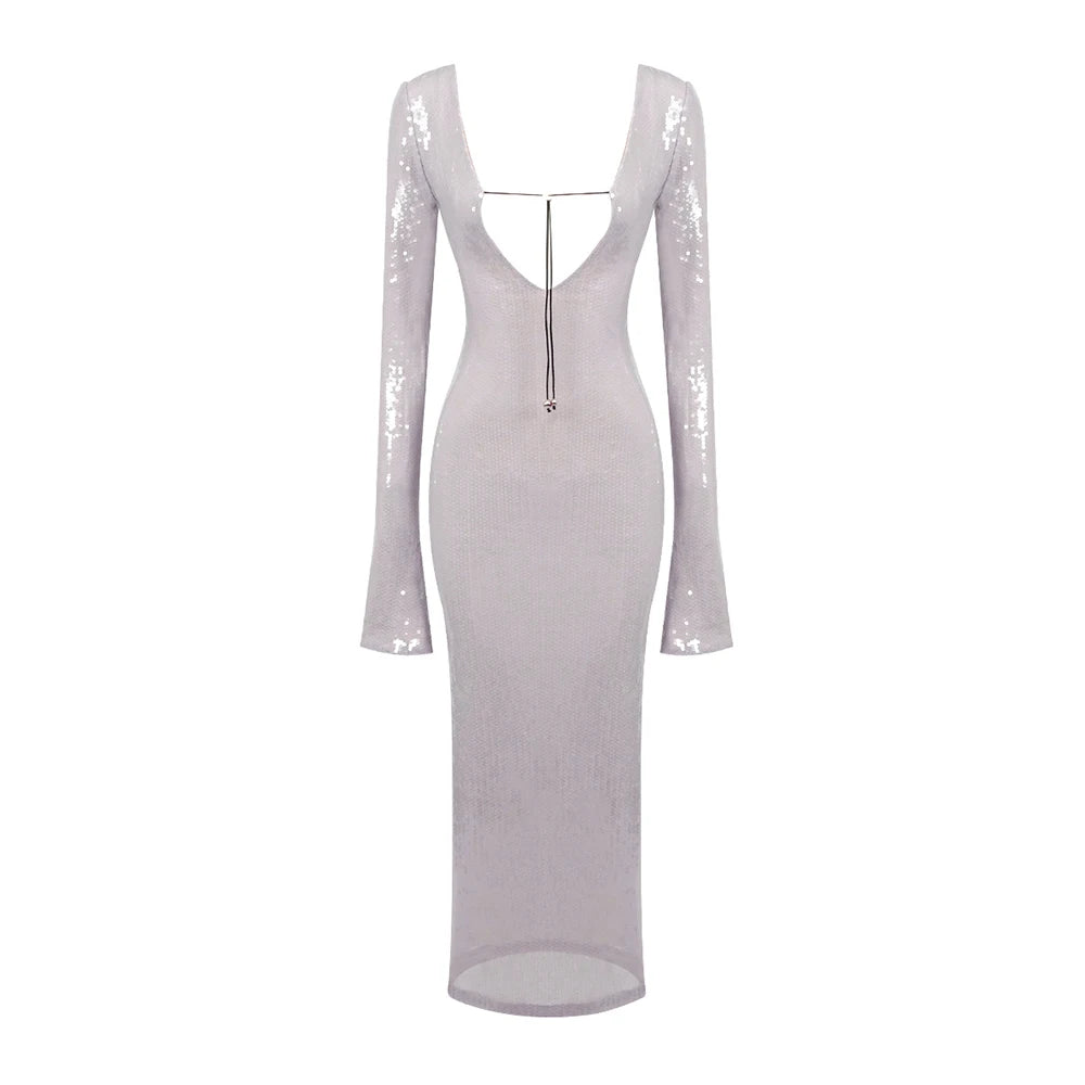 VC Dresses For Women 2022 Deep V Plunge Sexy Long Sleeves Ankle Length Sequins Bodycon Clothes Evening Dress Vestido