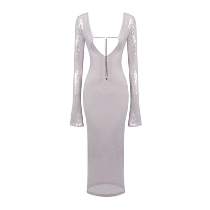 VC Dresses For Women 2022 Deep V Plunge Sexy Long Sleeves Ankle Length Sequins Bodycon Clothes Evening Dress Vestido