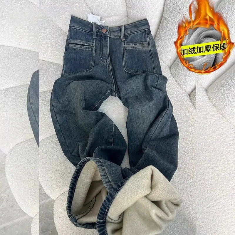 Korean Design Velvet Lined Straight Jeans Women Casual Vintage High Waist Wide Leg Denim Pants Winter Warm Snow Wear Vaqueros