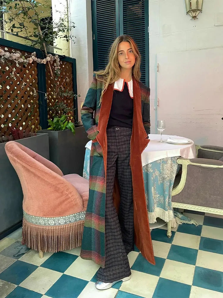 Woolen Plaid Long Coat Women Turn-down Collar Loose Long Sleeve Button Elegant Outwear Female Thicken 2025 Spring Street Jacket