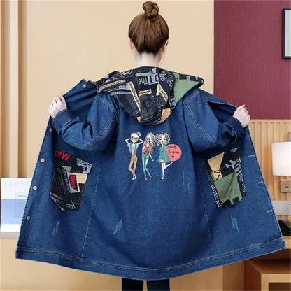 2025 Spring Autumn Denim Jacket Women Hooded Windbreaker Cartoon Printed Coat Long Outerwear Female Oversize 5XL Loose Overcoat