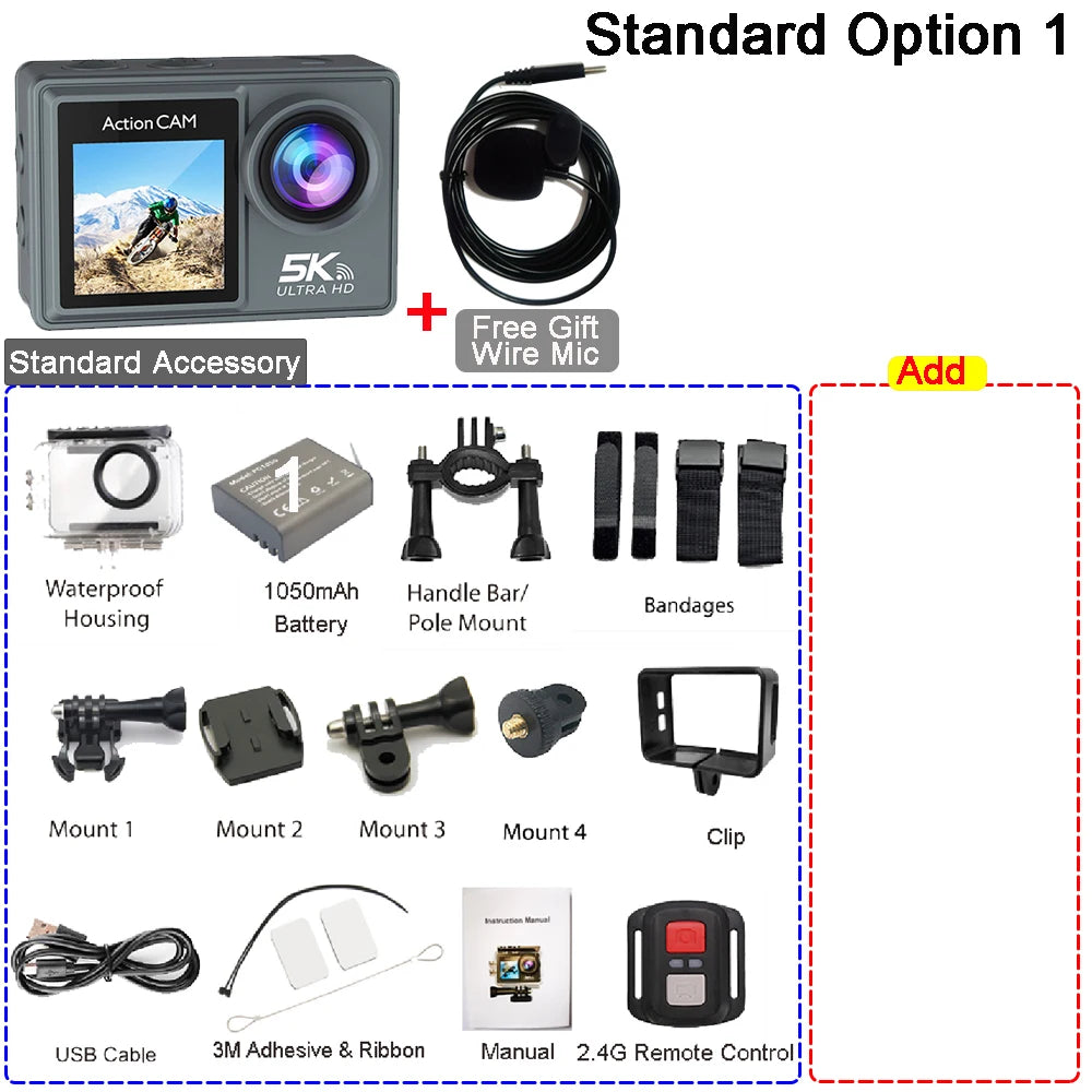 Action Camera 5K 4K60FPS Dual IPS Touch LCD EIS 170° 30M Waterproof 5X Zoom Sport Camera Optional Wireless Mic & Remote Control