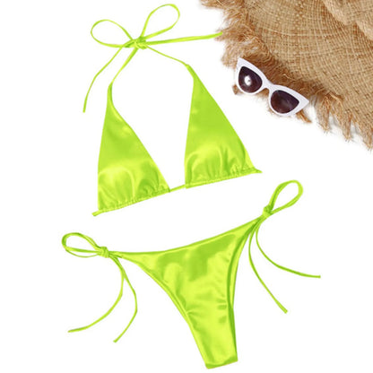 Brazilian Bikini Set Women Halter Neck Triangle Cup Swimwear Low Waist Satin Bandage Bikini Swimwear Summer Beach Bathing Suit