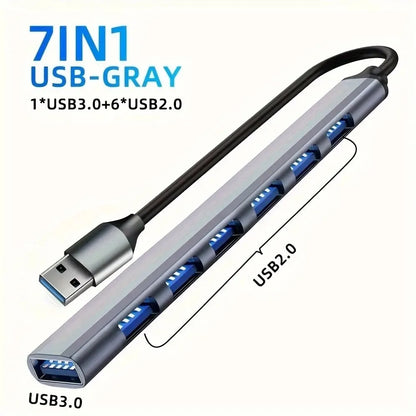 USB C Hub USB Hub 3.0, Aluminum 7 in 1 USB Extender, USB Splitter with 1 X USB 3.0, 4 X USB 2.0 and 2 X USB C Ports