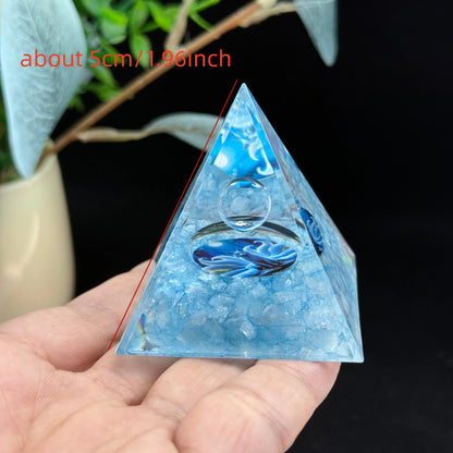 1pc Orgonite Pyramid, Aquamarine Orgonite Pyramid, Made of aquamarine crushed stone resin and transparent crystal balls