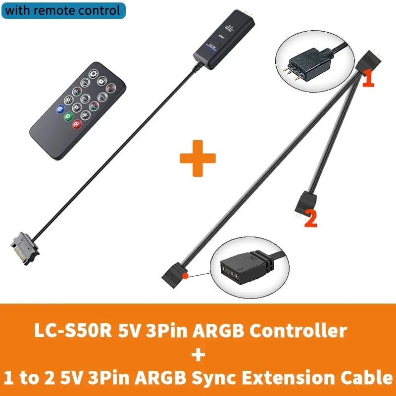 TEUCER  LC-S60 ARGB Controller Cable 5V 3PIN to SATA Interface Extension Controller with Remote Control for PC Cooling Fan
