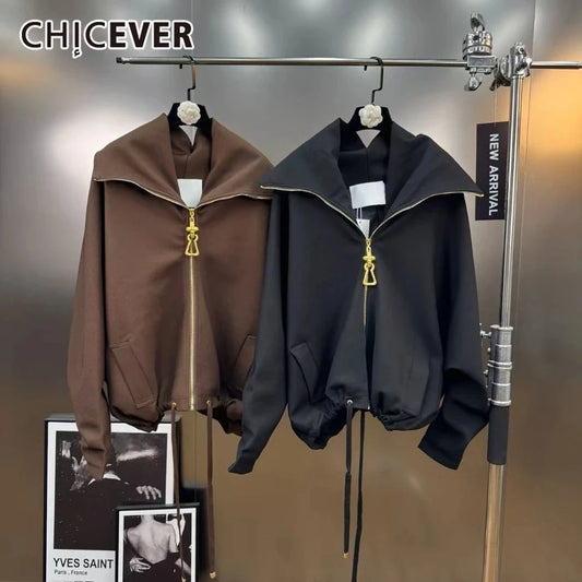 CHICEVER Solid Temperament Loose Sweatshirt for Women Lapel Spliced Zipper Long Sleeve Basics Fashionable Jackets Female Autumn