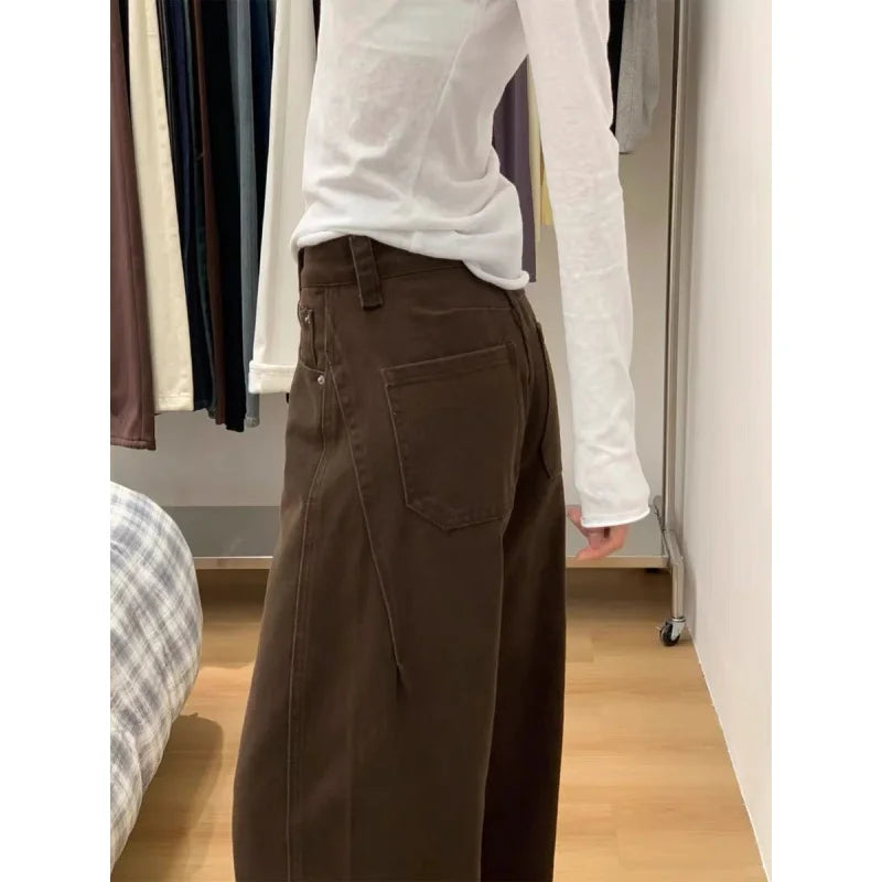 Maillard Brown Straight Leg Jeans for Women 2025 Autumn Winter Loose Fit Pear Shape Curved Wide Leg Pants