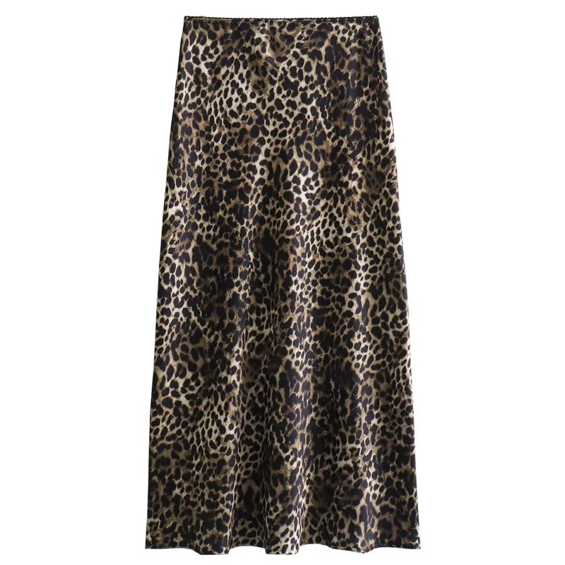 HXAO Woman Bow Leopard Print Skirts Women's Skirt Summer Satin Long Skirt High Waist Vintage Smooth Skirts Luxury Elegant Skirts