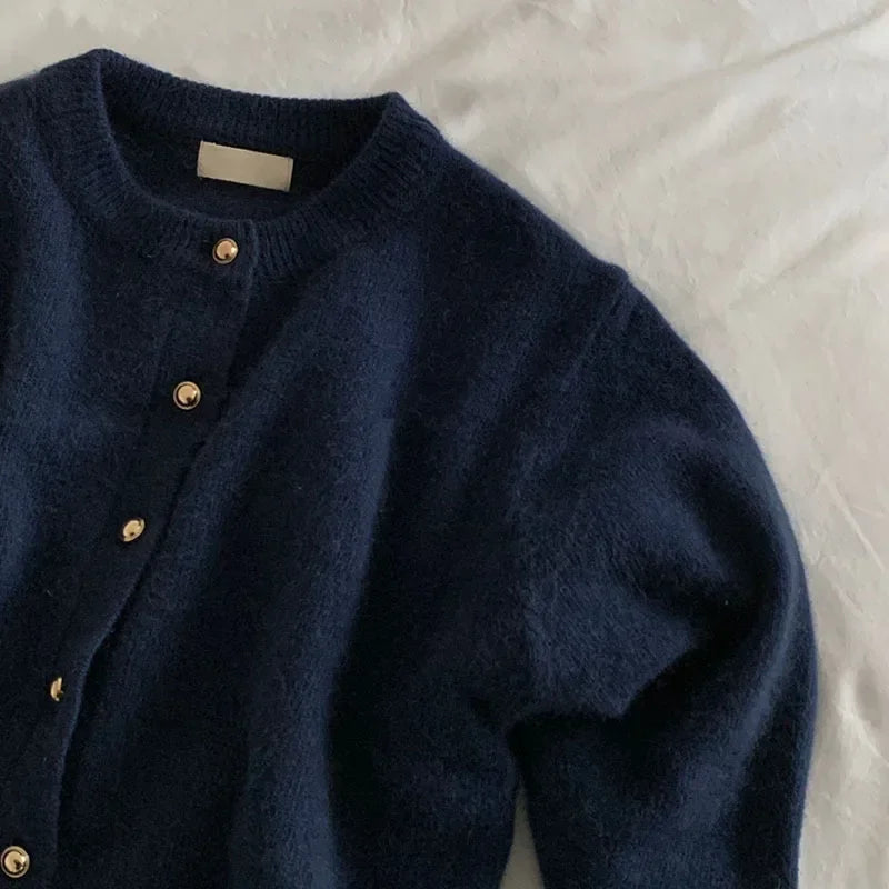 Knitted Cardigan Women 2026 New Korean Raccoon Cashmere Loose Solid Color Round Neck Sweater Coat Jacket Spring Autumn