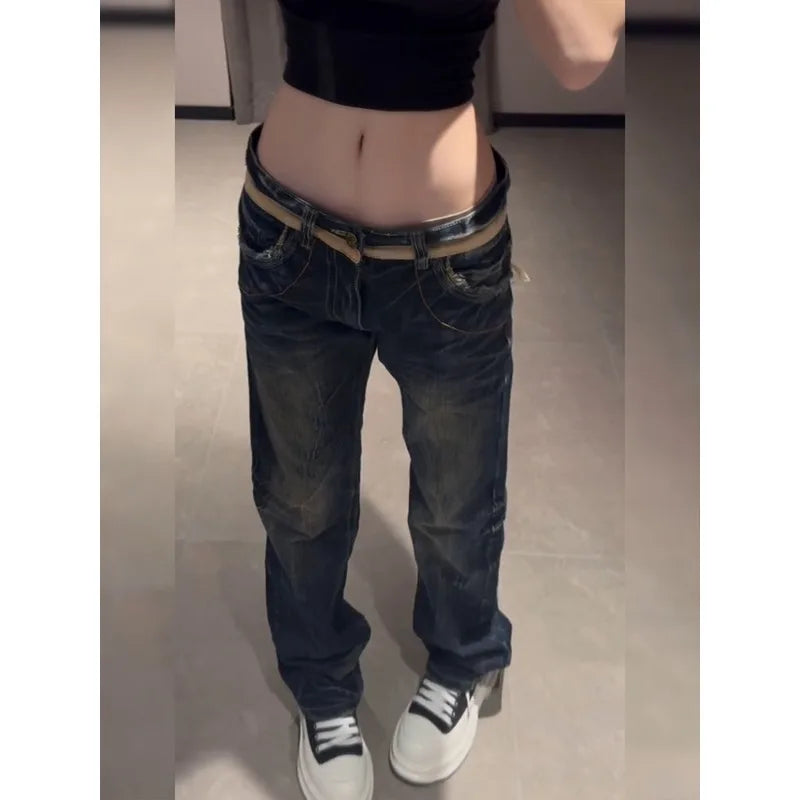 Women's American Personalized Wing Embroidered Jeans 2025 Low Waist Design Micro Flared Jeans Retro Harajuku Y2K Joker Jeans