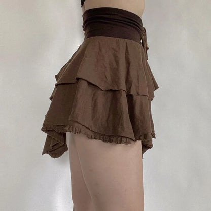 2024 Summer New Irregular Drawstring High Waist Skirt for Women Solid Color Retro American Court Style Cake Skirt