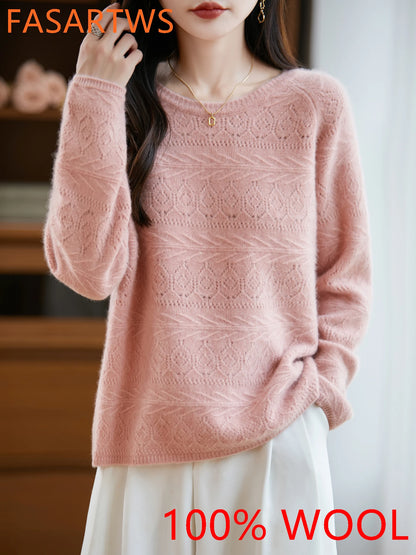 New Arrival Women's Hollow Out 100% Wool Knitted Sweater Round Neck Long Sleeve Slim Fit Breathable Pullover Versatile Daily Top