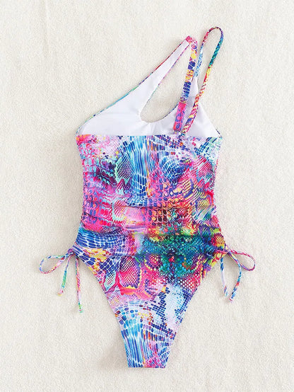 Women's Colorful Printed One-Shoulder Side Drawstring Swimsuit, Beach Bikini, New