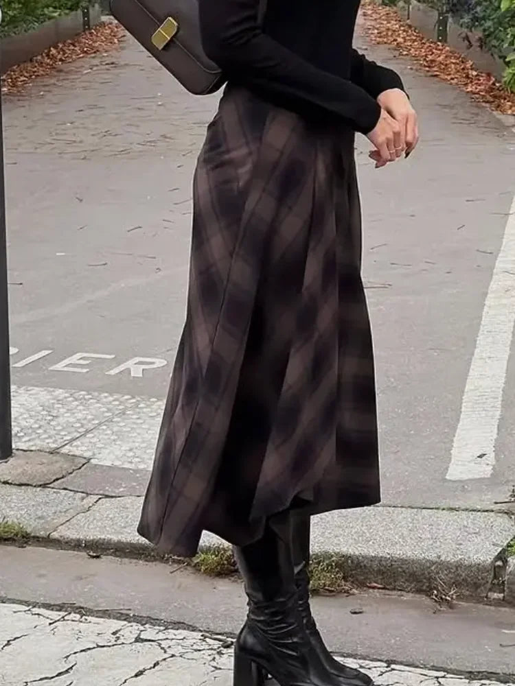Casual Brown Plaid Midi Skirts Woman Fashion High-waist A-line Pleaded Skirts Party Daily Outdoor Trendy Attire 2026 Spring New