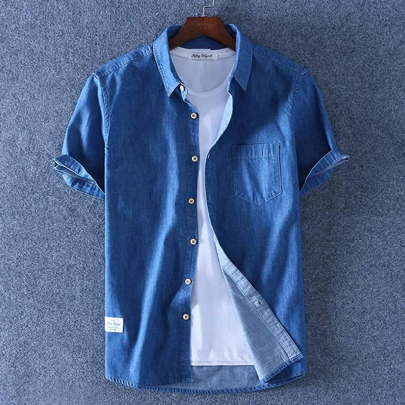 Schinteon Summer Men 100% Slub Cotton Shirt Short Sleeve Thin Slim Casual Denim Comfortable Shirt Two Front Pockets