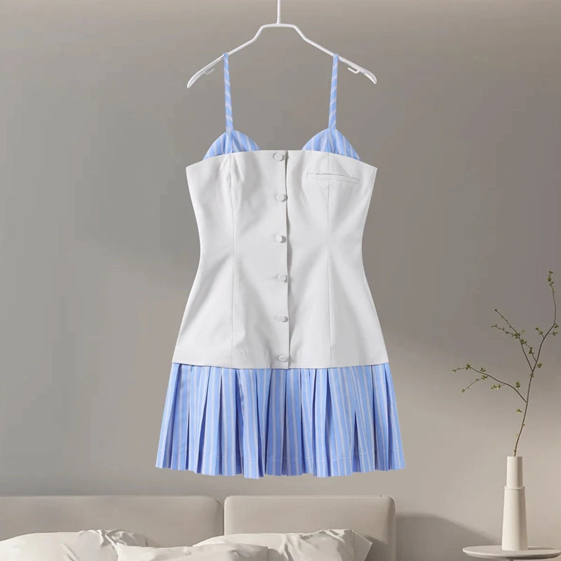 Patchwork Contrast Color Pleated Mini Dress Women Chic Strap Sleeveless Backless Single Breasted Dresses 2025 Spring Lady Robe