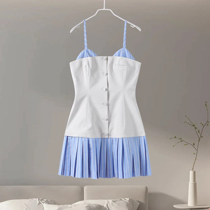 Patchwork Contrast Color Pleated Mini Dress Women Chic Strap Sleeveless Backless Single Breasted Dresses 2025 Spring Lady Robe