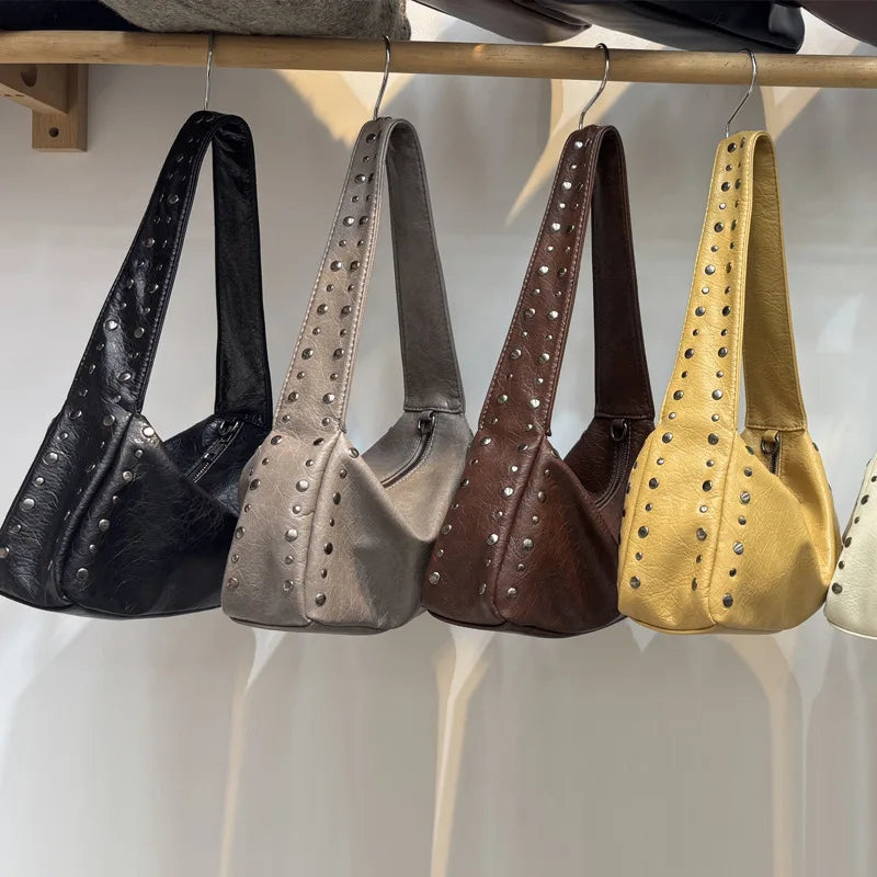 Vintage Rivet Women Shoulder Bags Motorcycle Style Underarm Bag Luxury Soft Pu Leather Crossbody Bag Retro Trend Handbags 2025