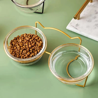 2x300ml Double Glass Cat Dog Bowl Puppy Food Bowl with Iron Frame Gold Stand Raised Water Feeder Bowl Pet Supplies Accessories