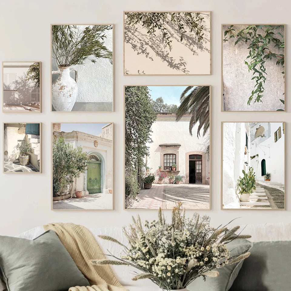 Scandinavian Simple Bohemian Wall Art Spanish Architecture Green Leaves Reeds HD Canvas Painting Poster Print Home Decor Gift
