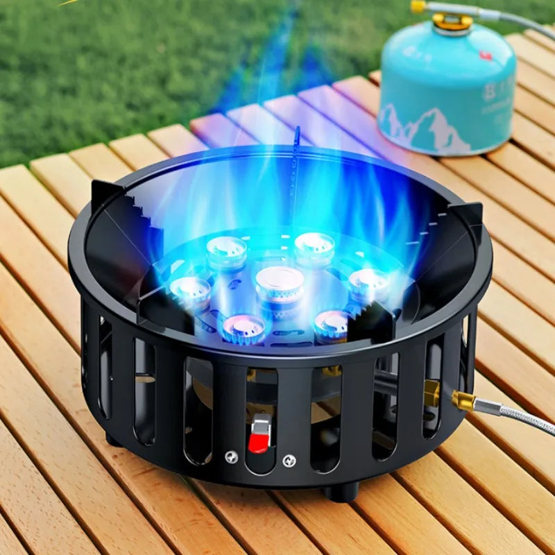 High-Power 7-Core 21000W Portable Camping Stove Windproof Outdoor Gas Burner with Electronic Ignition for Strong Fire Cooking