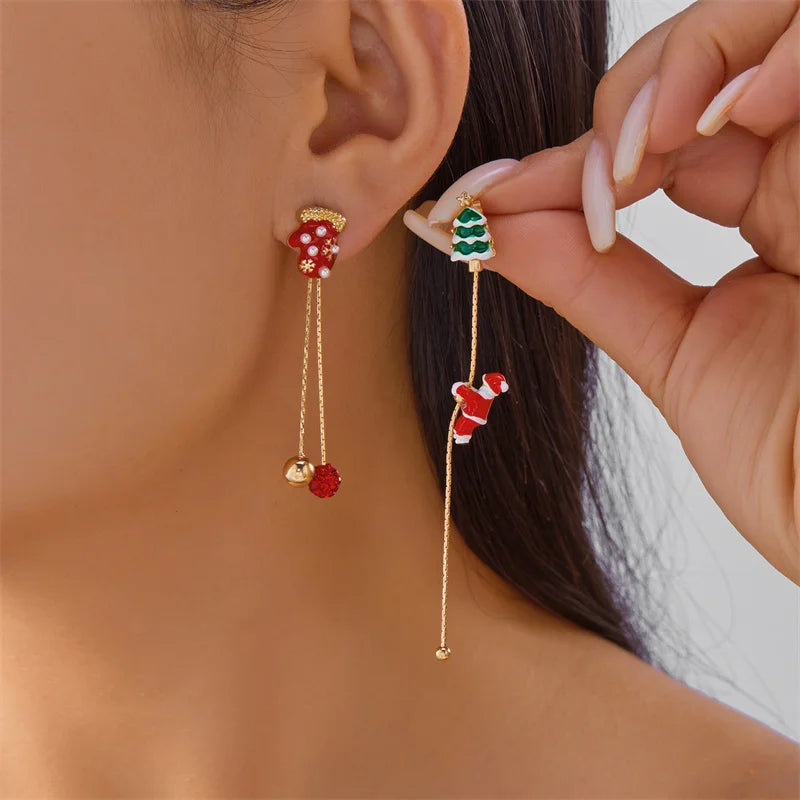 Christmas Asymmetrical Santa Claus Long Tassel Earrings for Women Elegant Snowflake Xmas Tree Elk Earrings Party Jewelry Gifts