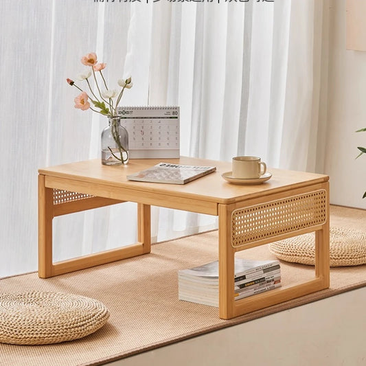 Modern Rattan Bed Desk with Storage Low Style Window Seat Study Multifunctional Sofa Stand for Laptop Coffee Table