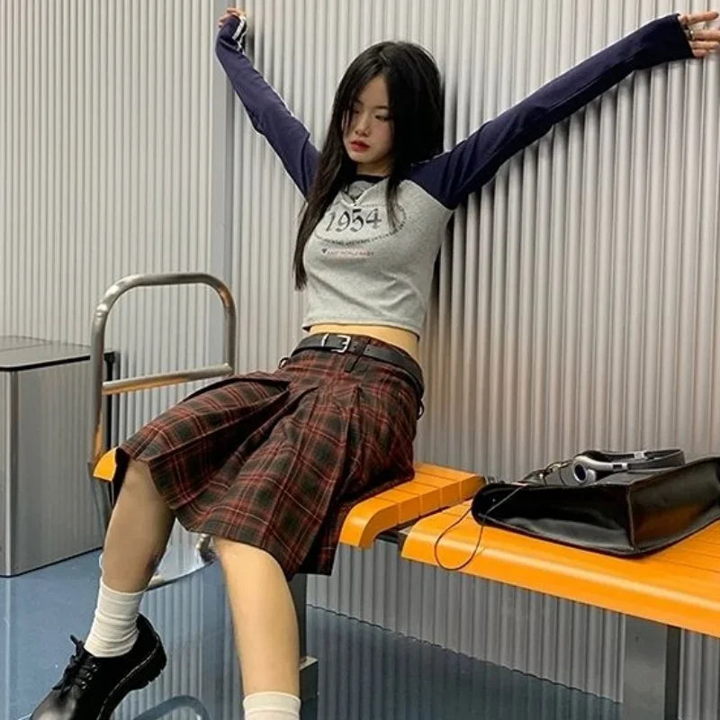 Low Waist Pleated Skirts Women Plaid Knee-length Autumn Korean Fashion Preppy Style All-match Casual Students Vintage Literary