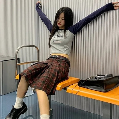 Low Waist Pleated Skirts Women Plaid Knee-length Autumn Korean Fashion Preppy Style All-match Casual Students Vintage Literary
