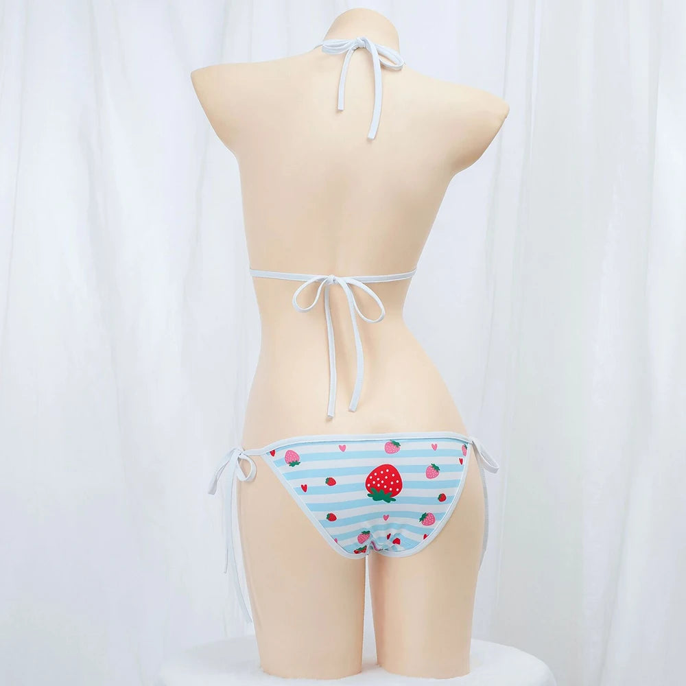 Cute Bikini Swimwear Women 2025 Strawberry Print Girl Lace Up Bathing Suit Low Waist Mini Bikinis Sets Beach Swimsuit