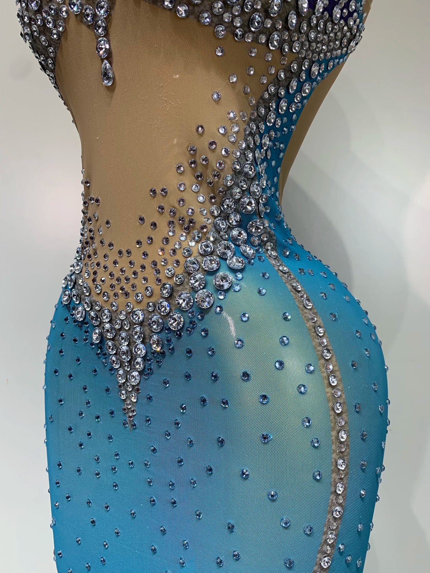 Women Sexy Evening Party Gowns Sparkly Diamonds See Through Mesh Stretch Asymmetrical Dress Celebrity Elegant Singer Outfit