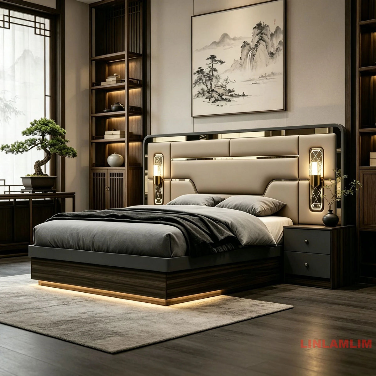 Modern Luxury Turkish style Bedroom Set – King Bed with Upholstered Headboard, Nightstands, Wardrobe with Mirrored Door, Dresser