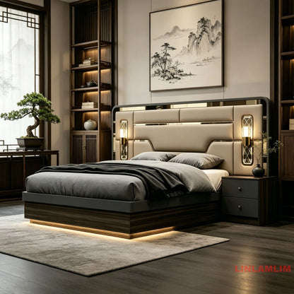 Modern Luxury Turkish style Bedroom Set – King Bed with Upholstered Headboard, Nightstands, Wardrobe with Mirrored Door, Dresser