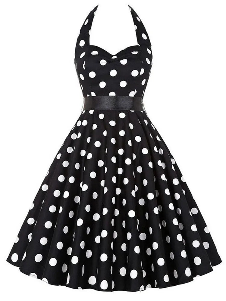 Women Summer Polka Dot Vintage Dress Fashion Party Office Lady 50s 60s Rockabilly Big Swing Halter Clothes Tunic Vestidos
