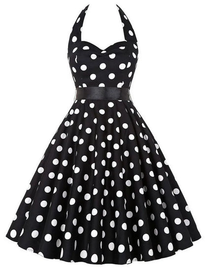 Women Summer Polka Dot Vintage Dress Fashion Party Office Lady 50s 60s Rockabilly Big Swing Halter Clothes Tunic Vestidos