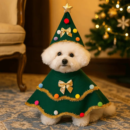 Cartoon Christmas Dog Cape Christmas Tree Design Polyester Pet Cloak Unique Adjustable Pet Christmas Clothing