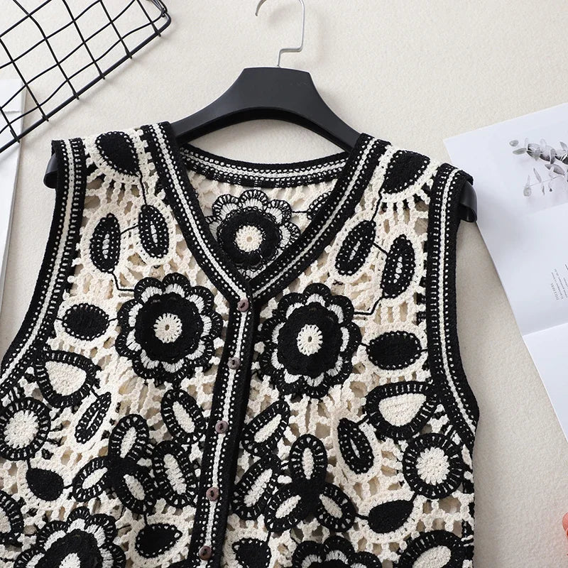 Floral Crochet Vest for Women Sheer Open-knit Flower Button Front Sleeveless Jacket Tank Top Summer Vacation Outfit