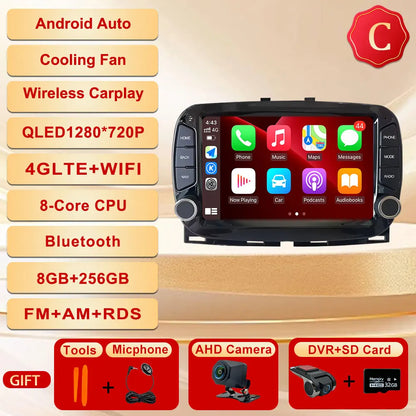 GPS Navigation Android 15 Auto Carplay 7" For FIAT 500 2016 - 2019 Stereo Multimedia Player 4G WIFI Bluetooth DSP 360 Camera