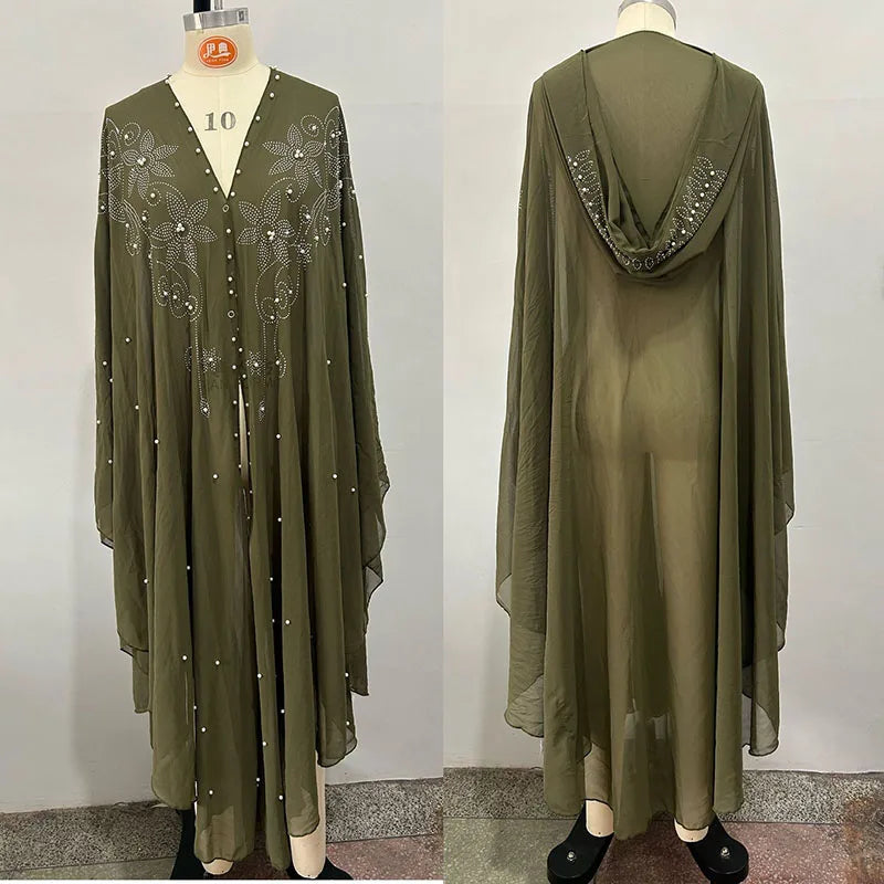 Middle East African Dresses for Woman Luxury Diamond Bead Muslim Long Robe Veiled Women Wearing Hooded Cloak Bat Sleeve Dress