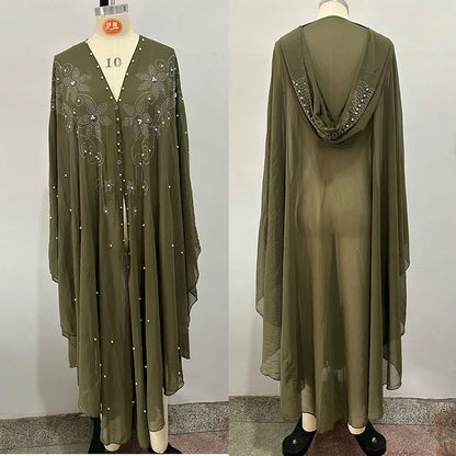 Middle East African Dresses for Woman Luxury Diamond Bead Muslim Long Robe Veiled Women Wearing Hooded Cloak Bat Sleeve Dress