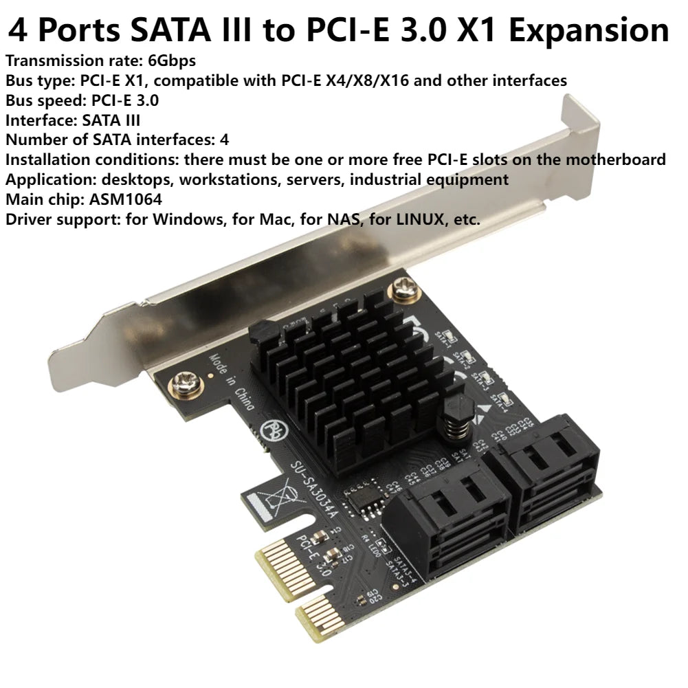 2/4/16 Ports SATA III PCIe Expansion Card 6Gbps SATA 3.0 to PCI-e 1X 4X 8X 16X PCI Express Adapter Card Support Win8 Win10 Linux