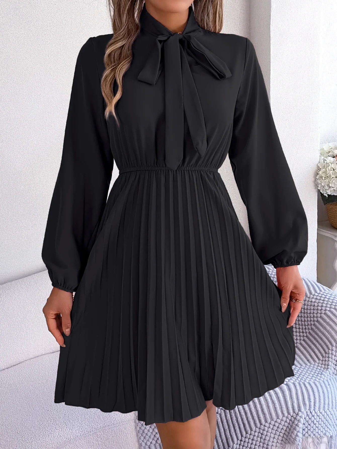 Women Fall Vacation Elegance V Neck Solid Tie Waist Ruffle Hem Pleated Midi Dress Long Sleeve Wedding Dress