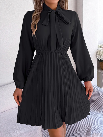 Women Fall Vacation Elegance V Neck Solid Tie Waist Ruffle Hem Pleated Midi Dress Long Sleeve Wedding Dress