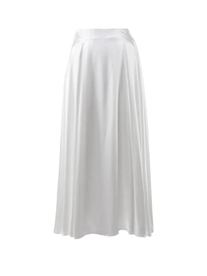 Elegant Women's Skirt Autumn Satin Silk Long Skirts for Women Fashion 2025 Lady Solid Color Khaki White High Waist Skirt Women