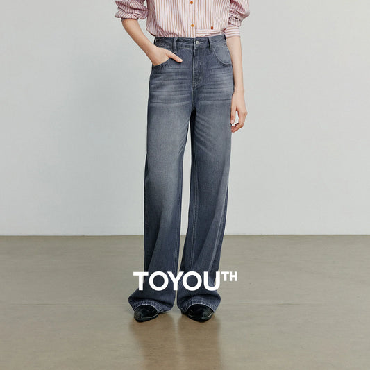 TOYOUTH Women Denim Jeans 2025 Autumn New Cotton High Street Wide Leg Pants Gray
