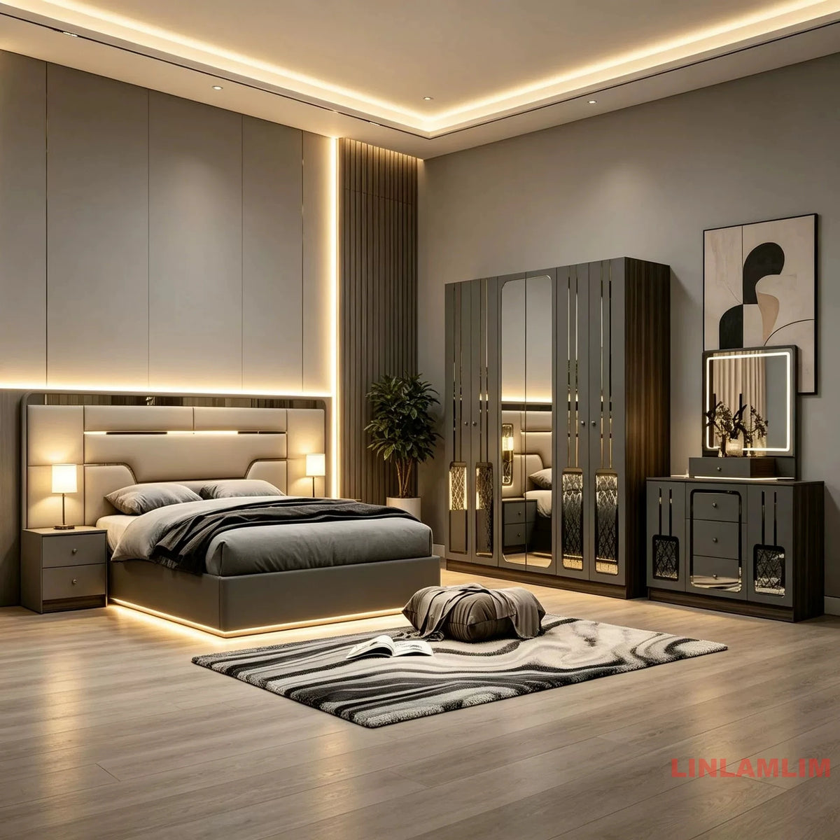 Modern Luxury Turkish style Bedroom Set – King Bed with Upholstered Headboard, Nightstands, Wardrobe with Mirrored Door, Dresser