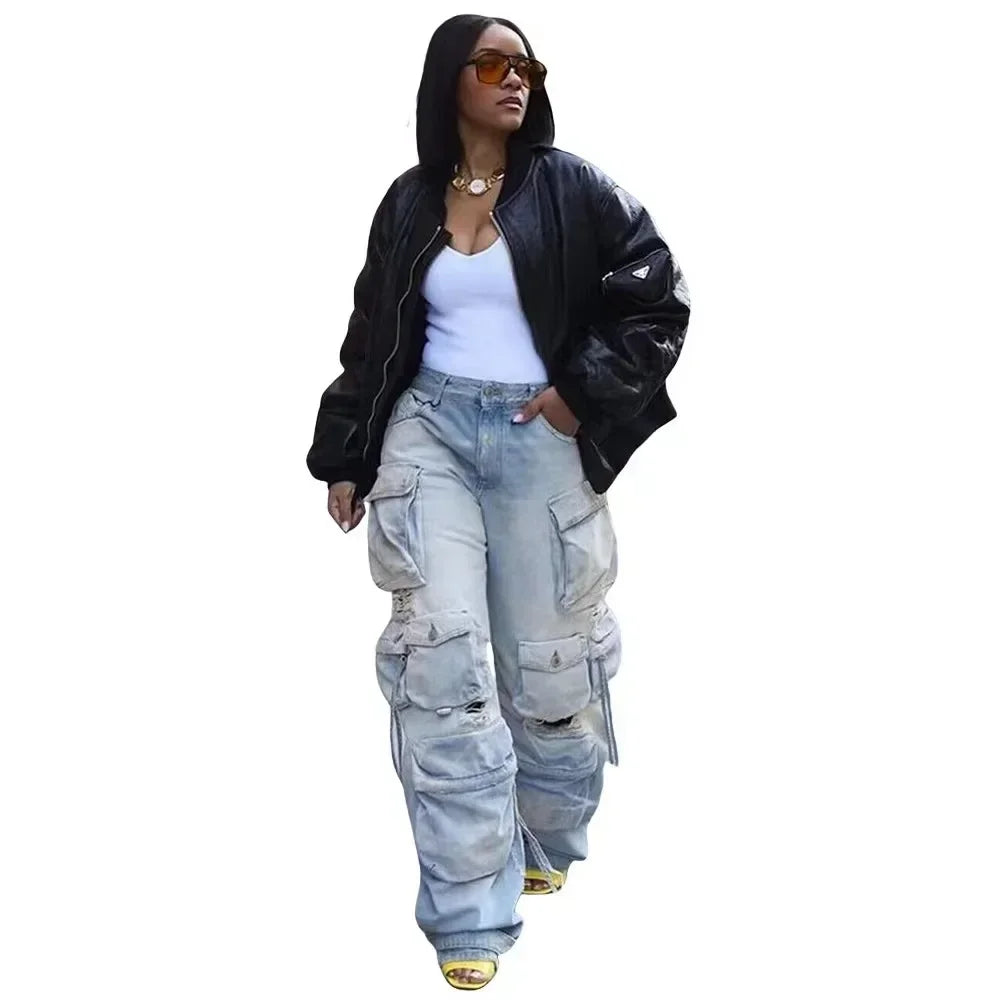 Washed Cargo Pants Women Hole Distressed Jeans Vintage Pockets Mid Waist Trousers 2024 Autumn Female Casual Denims Streetwear